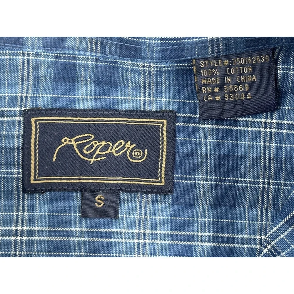 Roper Shirt Mens SMALL Blue Plaid Western Button‎ Long Sleeve Horseshoe Logo
